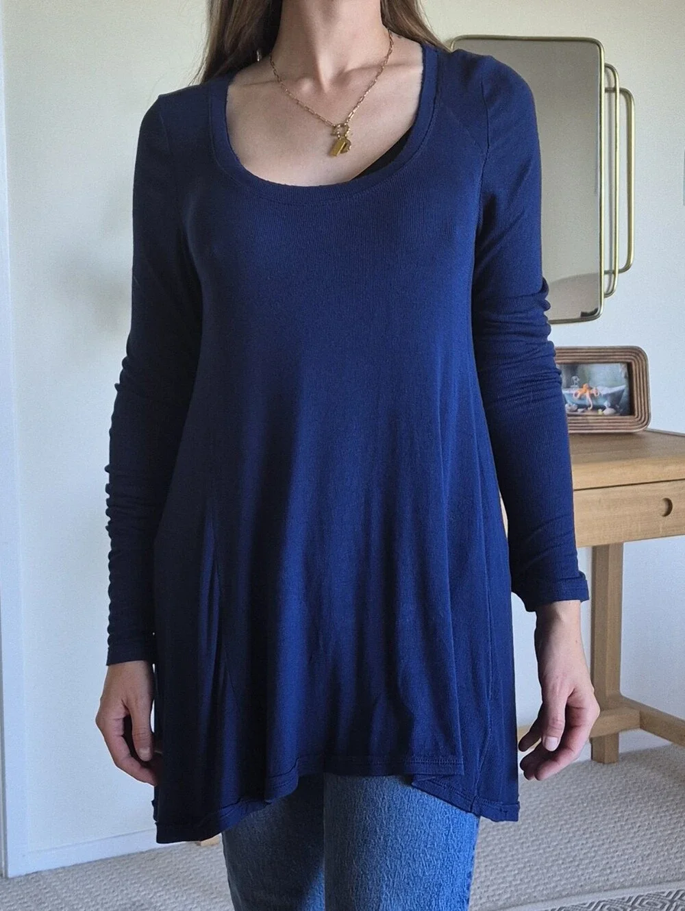 Free People Ribbed Long Sleeve Swing Tunic Top Navy Size Large Boho
